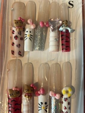 Cute Pink & White 3D Bow and Kitty Nail Set